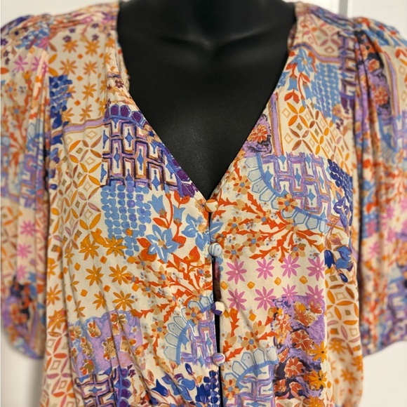 Rose Olive Crop Top Purple Orange Patch Print Short Sleeve Tie Front Size Small - Picture 5 of 12